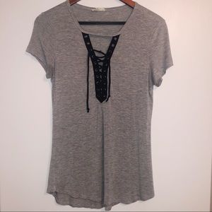 Ultra Flirt Grey Lace Up V-Neck Short Sleeve Shirt